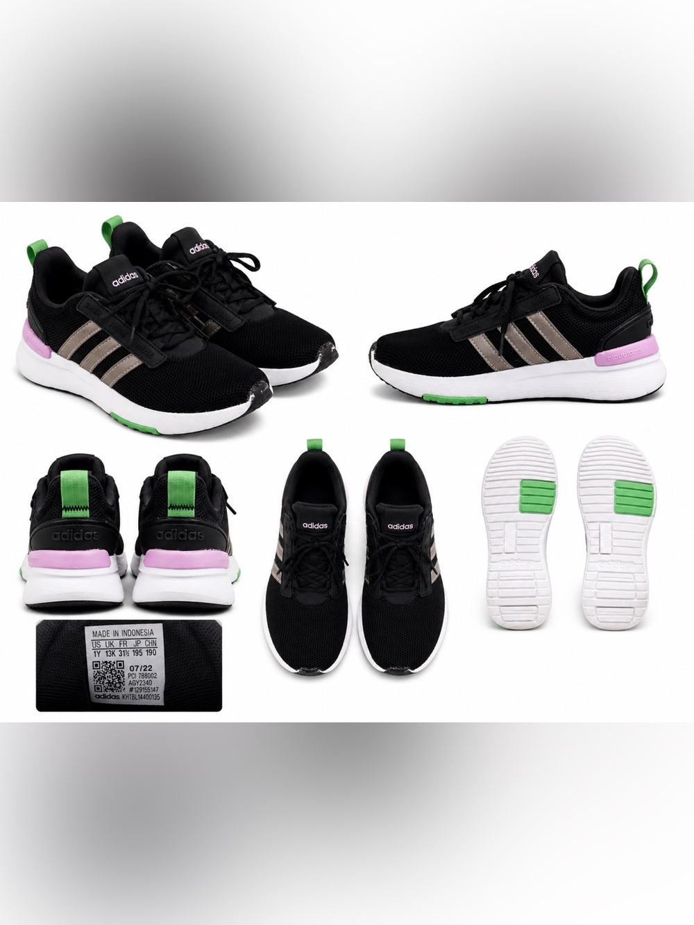 adidas Kids Black Sneakers with Pink & Green Accents